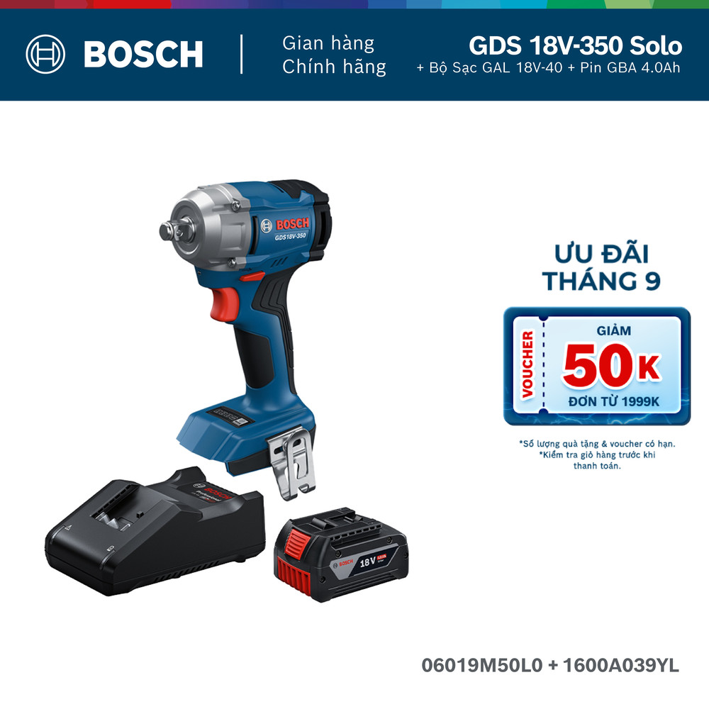 Máy siết ốc dùng pin Bosch GDS 18V-350 Solo + Bộ Sạc GAL 18V-40 và 1 Pin GBA 4.0Ah MỚI