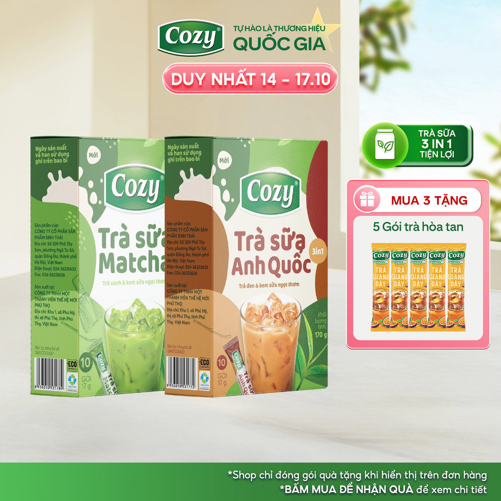 COMBO 2 Trà Sữa Matcha + Trà Sữa Anh Quốc Cozy Hòa Tan (170gr - 10 gói) Vị Hương Vị Ngọt Thơm
