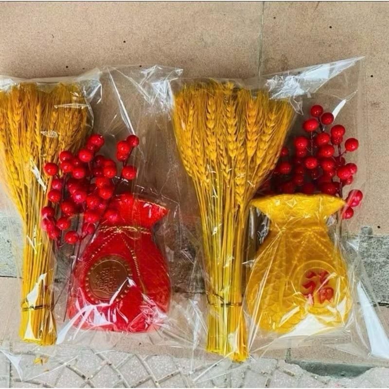 Bộ Bình Hoa Tài Lộc Bông Lúa Mạch 3 Món + 5 Nhánh Đào Đông + Bình Cắm Decor Phòng Trang Trí Nhà Bình