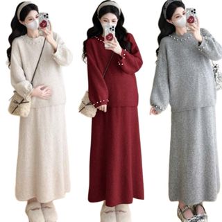  Sét suông đầm bầu thời trang MAMADRESS thiết kế LEN TĂM THỎ mềm mại ÁO ĐÍNH HẠT NGỌC KÈM CHÂN VÁY tiện lợi tiểu thư S81 