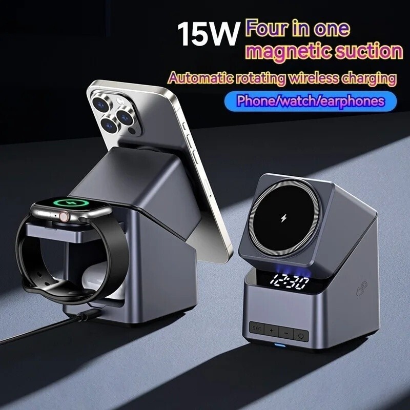 4in1 Electric Rotating Charger with Clock for Apple 1216 Series15W Apple Watch2.5W and Airpods 5W