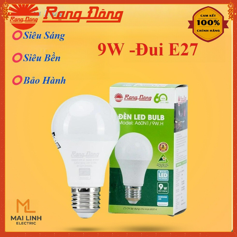 {Rạng Đông} Bóng đèn led bulb 9W Đui đèn E27 - Siêu sáng, tiết kiệm điện, công suất chuẩn - Đui đèn 