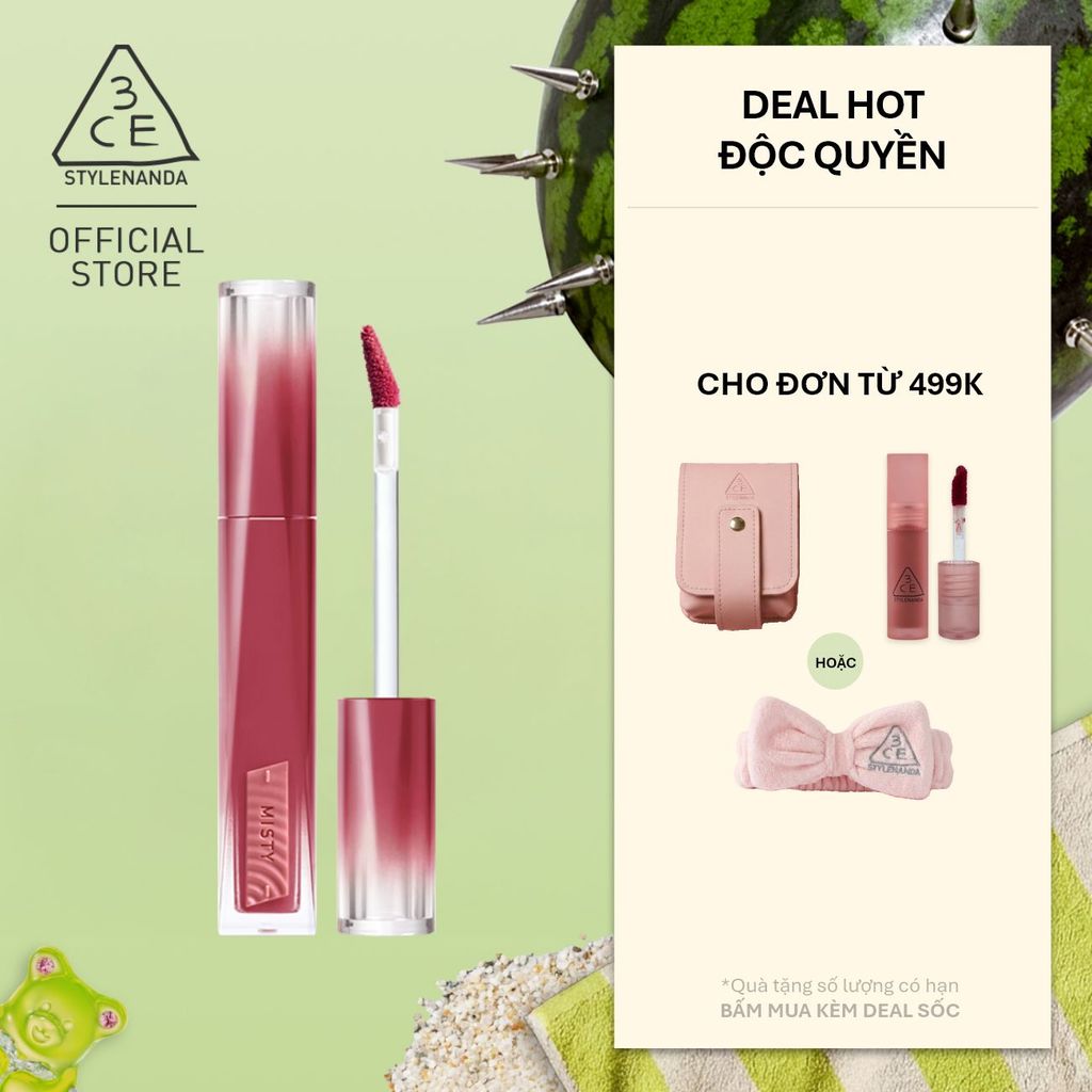 Son Tint Hiệu Ứng Pha Lê 3CE Misty Lip Bare Mỏng Nhẹ Trong Veo, Bền Màu, Mịn Mượt, Không Bết Dính