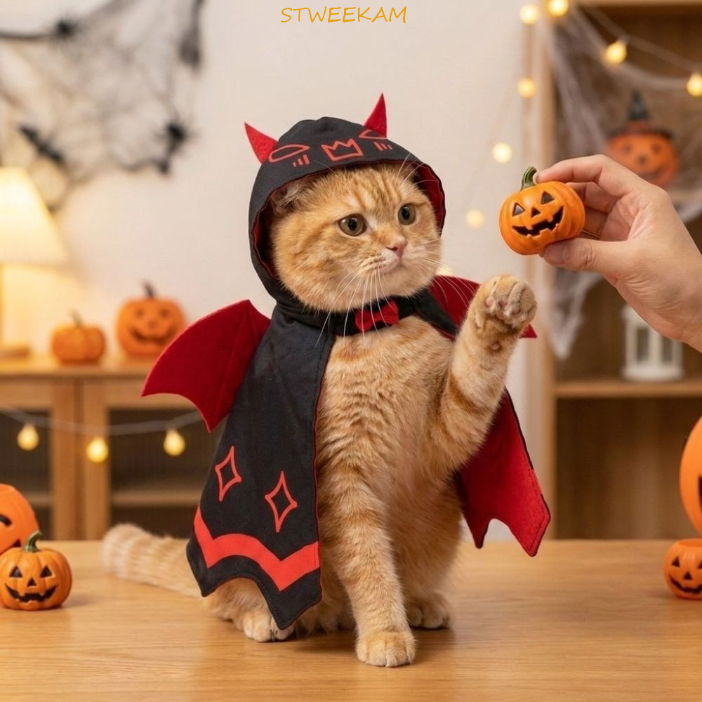 STWEEKAM Halloween Cat Devil Bat Cloak, Có thể điều chỉnh đôi Satin Red Wing Devil Pet Cape, Chống p