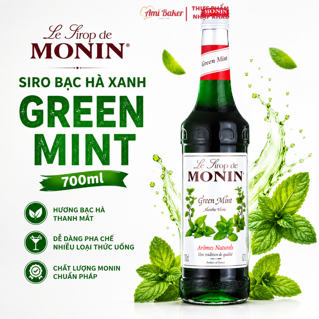 Siro Monin Bạc Hà Xanh Green Mint 700ml (70cl) Nhập Khẩu Pháp - Syrup Pha Trà Sữa, Soda, Mojito, Coc