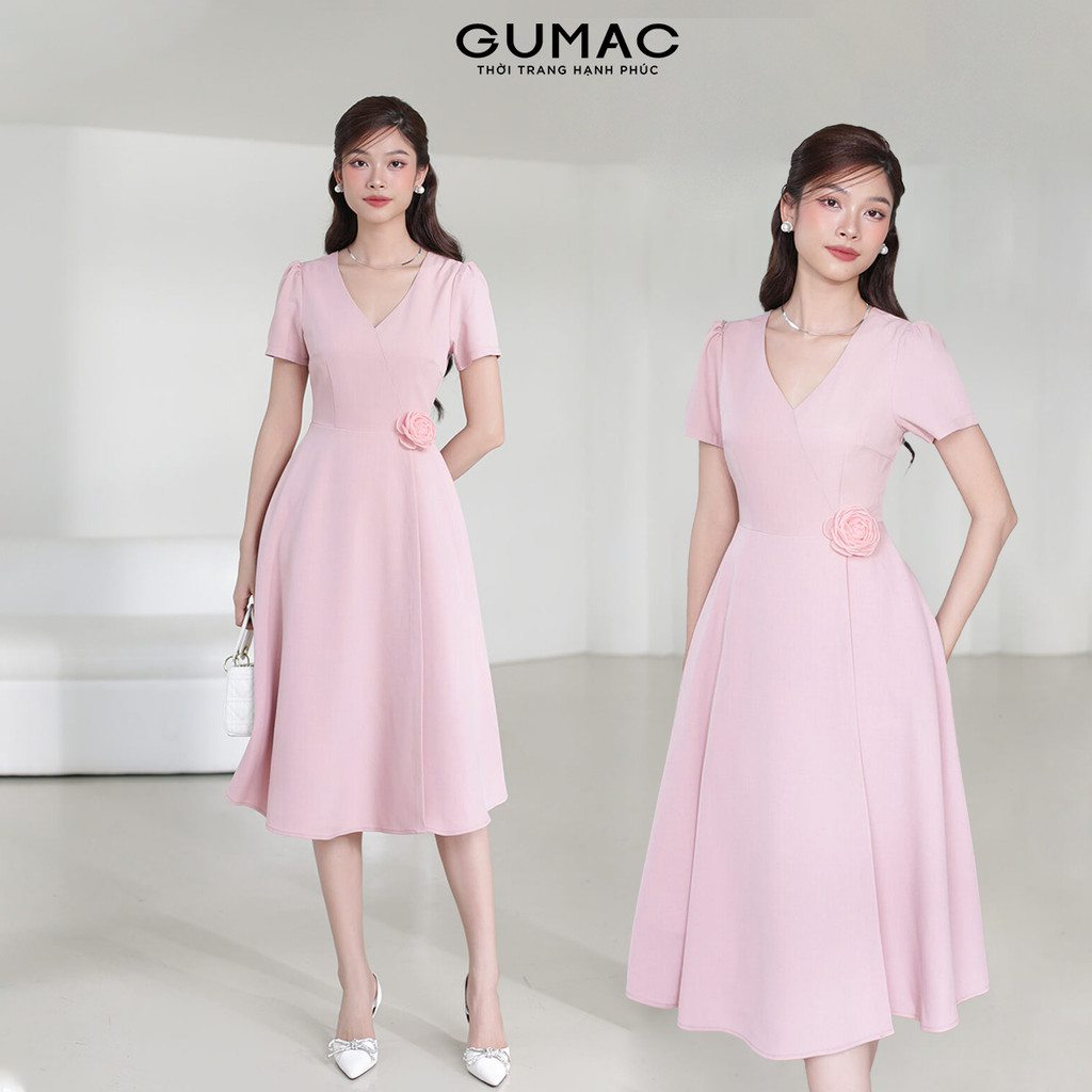 [SALE] Đầm nữ GUMAC A xòe cổ tim đính hoa hồng tím nữ GUMAC tính thanh lịch  DE03017