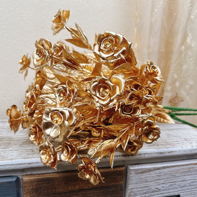 新款仿真花金色玫瑰花束插花轻奢年宵花新年发财福桶家居装饰摆件7.12New Artificial Flower Golden Rose Bouquet, Light Luxury New Year's