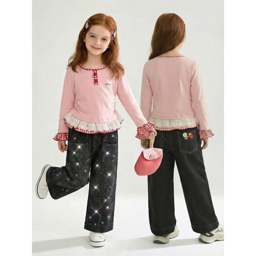 Quần jean Baggy pha lê màu đen Y2K Dạo phố Teen Girls Thu Đông