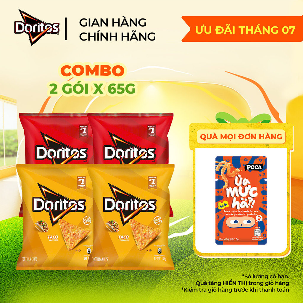 Combo 2 Gói Snack Ngô Giòn DORITOS 65G Vị Nacho Cheese/Taco - Snack tortilla tẩm vị đậm đà kiểu Mỹ