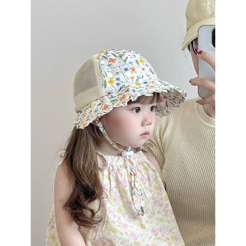 Children's Hat Summer Thin Breathable Mesh Princess Bucket Hat Baby Girl Korean Floral Sun-Proof Buc
