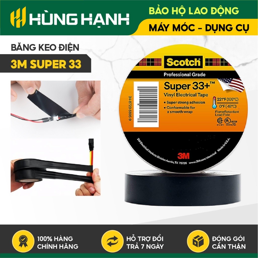 Băng keo điện 3M Scotch Super 33+ cách điện 600V, chịu nhiệt, chống cháy, chống mài mòn Băng keo 3M