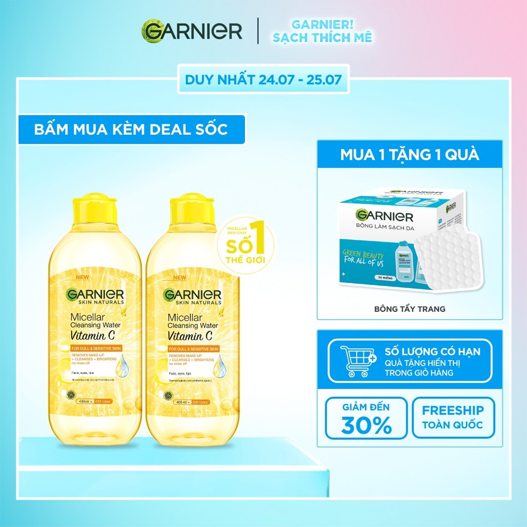 Bộ 2 nước làm sạch và tẩy trang dưỡng sáng da Garnier Micellar Water Vitamin C 400ml x 2