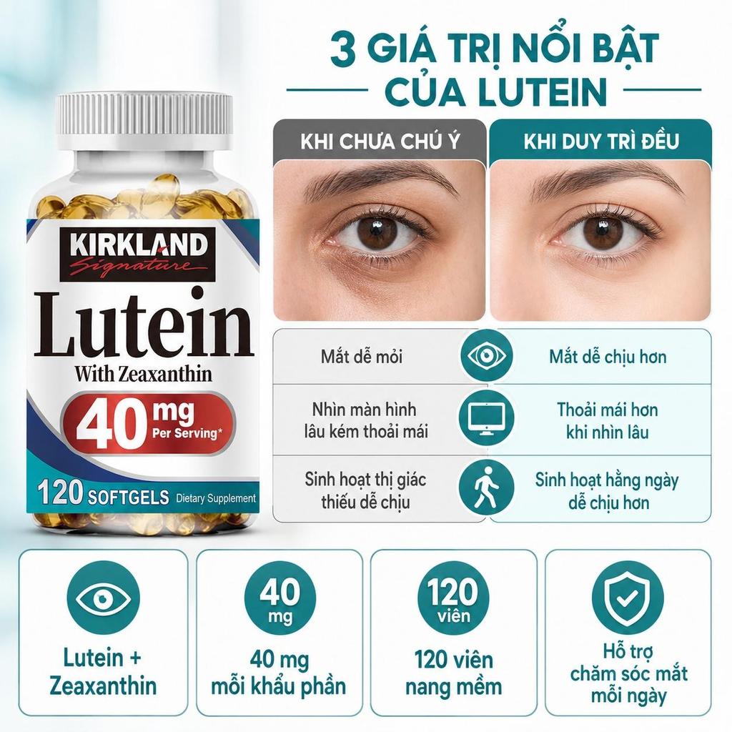 Kir Lutein Zeaxanthin 40mg – hỗ trợ mắt, điểm vàng, thị giác, cho người lớn, dân công sở – 120v