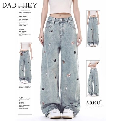 DaDuHey Niche Funny Embroidery Jeans Women's Loose Wide Leg High Waist Straight Mop Pants