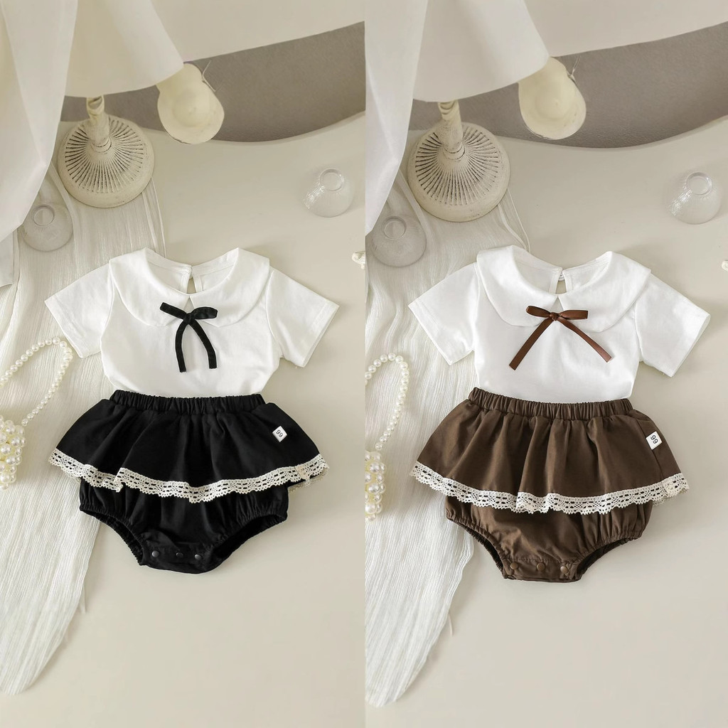 0-2Y Baby Girls Summer Set Bow Peter Pan Collar Top + Quần short váy xếp nếp