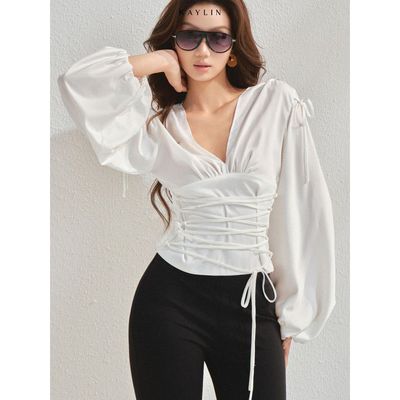 Áo Kiểu KAYLIN Bianca form Corset tay dài rút dây cổ V chất vải lụa mềm mại phong cách cá tính BST AURELIA - A207