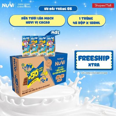 Thùng 48 Hộp Thức Uống Sữa Tươi Lúa Mạch NuVi Vị Cacao 180ml