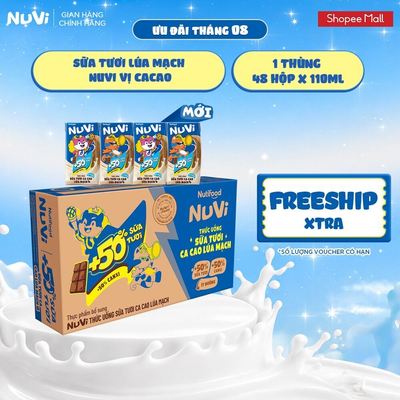 Thùng 48 Hộp Thức Uống Sữa Tươi Lúa Mạch NuVi Vị Cacao 110ml