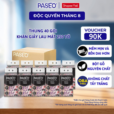[Thùng 40 Gói] Khăn Giấy Lau Mặt PASEO 250 Tờ/Gói Mềm Mịn Không Bụi An Toàn Cho Da Nhạy Cảm (4 Gói/Lốc)