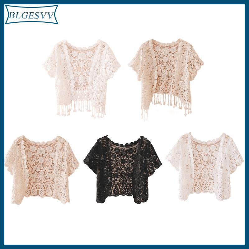 Blg Nữ Thanh Lịch Mở Tua Trước Ren Crop Cardigan Hoa Móc Shrug Áo Khoác