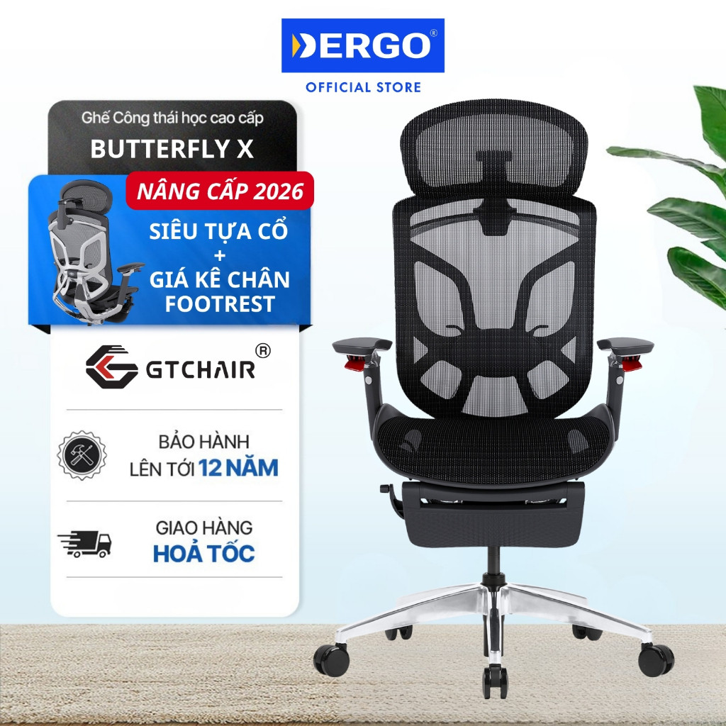 Ghế Công Thái Học Ergonomic DERGO GTChair Dvary Butterfly X (with Footrest), Siêu Tựa Cổ