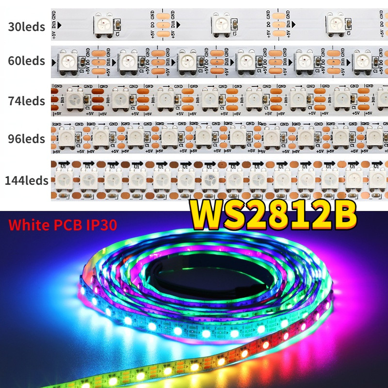 WS2812 DC5V Dải Pixel Led RGB thông minh 30 / 60 / 74 / 96 / 144 Đèn Led / m WS2812 PCB đen / trắng 