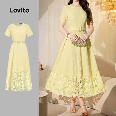 (New Arrival) Lovito Đầm Midi Dáng Chữ a Cổ Tròn Thắt Eo Màu Vàng Thích Hợp Mặc Hàng Ngày Vào Mùa Xuân/hè Cho Nữ LR41E046