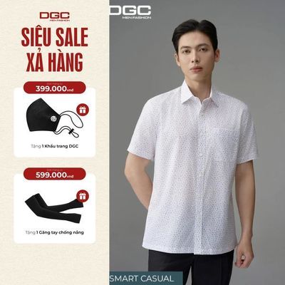 Áo Sơ Mi Ngắn Tay DGC Họa Tiết Chấm Tròn Xanh Xám Dáng Suông Vạt Bằng - SASNBF11M
