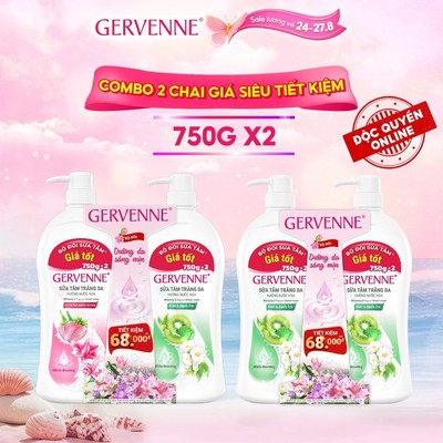 [Combo Tiết Kiệm] Bộ đôi sữa tắm trắng da Gervenne Kiwi Bạch Trà và Dâu Tây Lily Hồng (750g x 2)