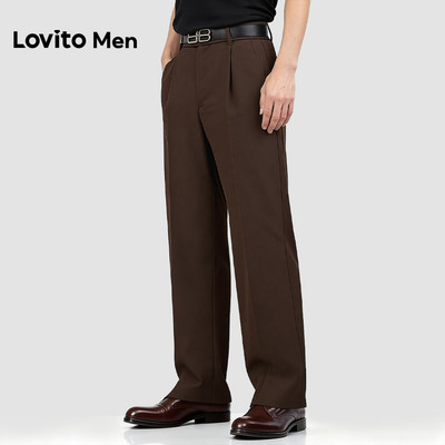 Lovito Men Quần tây thanh lịch có túi xếp ly màu nâu cho nam LNE138128