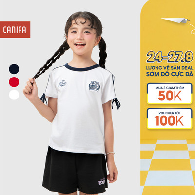 Áo phông bé gái CANIFA cổ tròn ngắn tay phối nơ cách điệu 1TS26S017