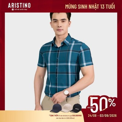 Áo Sơ Mi Nam Ngắn Tay Xanh Kẻ Cam Aristino Business Slim Fit Không Túi Ngực 1SS029AS2