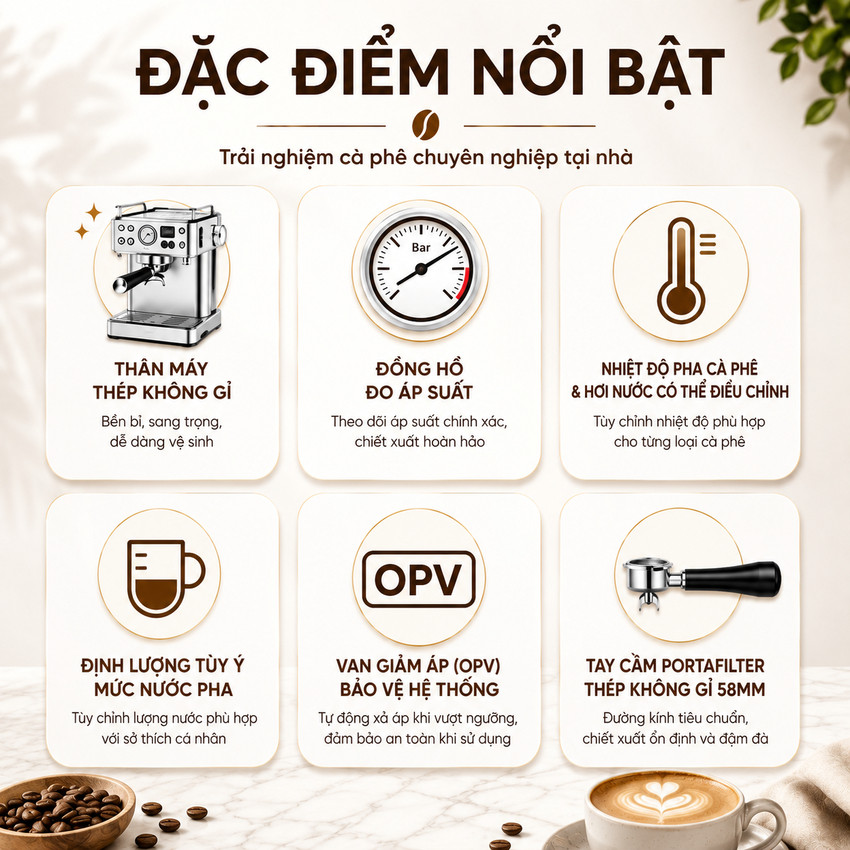 ✨ Máy pha cà phê Espresso chuyên nghiệp, thương hiệu Mỹ HiBREW cao cấp - H10A - HÀNG CHÍNH HÃNG