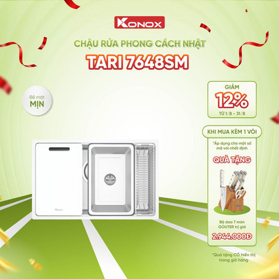 Chậu rửa bát inox 1 hố Konox TARI 7648SM phong cách Nhật bề mặt MỊN - Bảo hành 10 năm