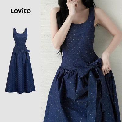 Đầm nữ Lovito xanh dương đậm xuân hè lai bèo xếp nếp buộc phía trước phong cách thường ngày L190ED154