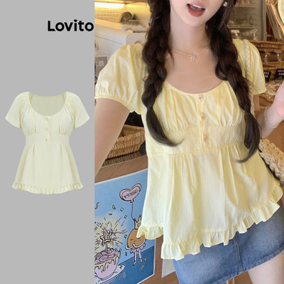 Áo kiểu Lovito Phong cách thường ngày màu trơn xếp ly có nút dễ thương cho nữ L122AD055