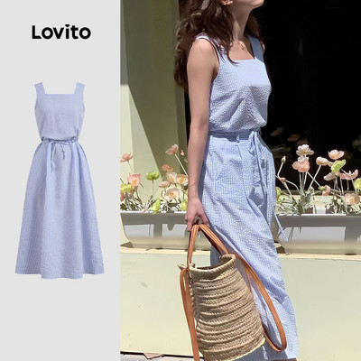 (Phong cách thường ngày) Lovito Trang phục dạo phố váy Blue có túi thắt lưng thích hợp cho mùa Xuân/Hè cho phụ nữ L142LD431