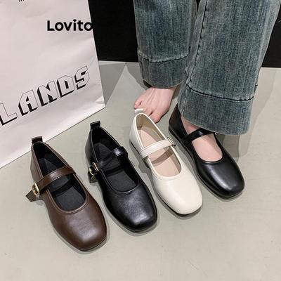 Lovito Giày Búp Bê Đế Bằng Đơn Giản Khóa Cài Một Chữ Kiểu Dáng Tối Giản Màu Đen Trắng Kiểu Mary Hàn Quốc Thời Trang Dành Cho Nữ LFA73228
