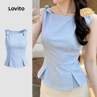 (New Arrival) Lovito Áo nữ đơn giản thanh lịch mùa xuân/hè màu xanh dương TKK8TD120