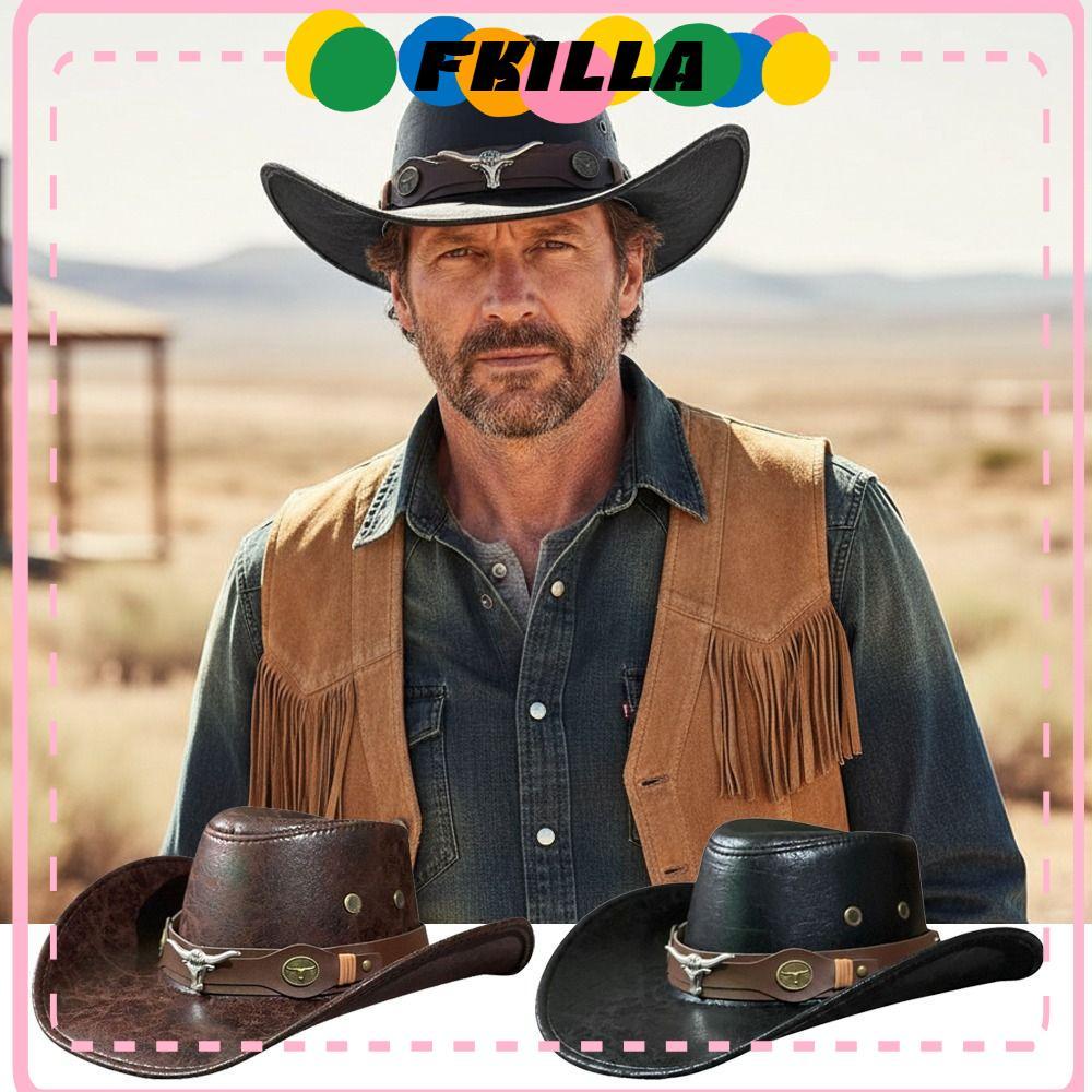 FKI Western Cowboy Hat, Bull Head Buckle Retro Faux Leather Cowboy Hat, Mũ Jazz cổ điển thời trang d