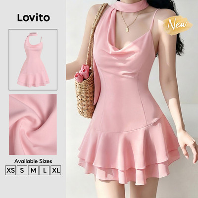 (New Arrival) Lovito Đầm thường ngày Thiết kế bèo nhún Hem Cảm giác mùa xuân/hè Đầm màu hồng nhạt cho nữ DRK8TD049