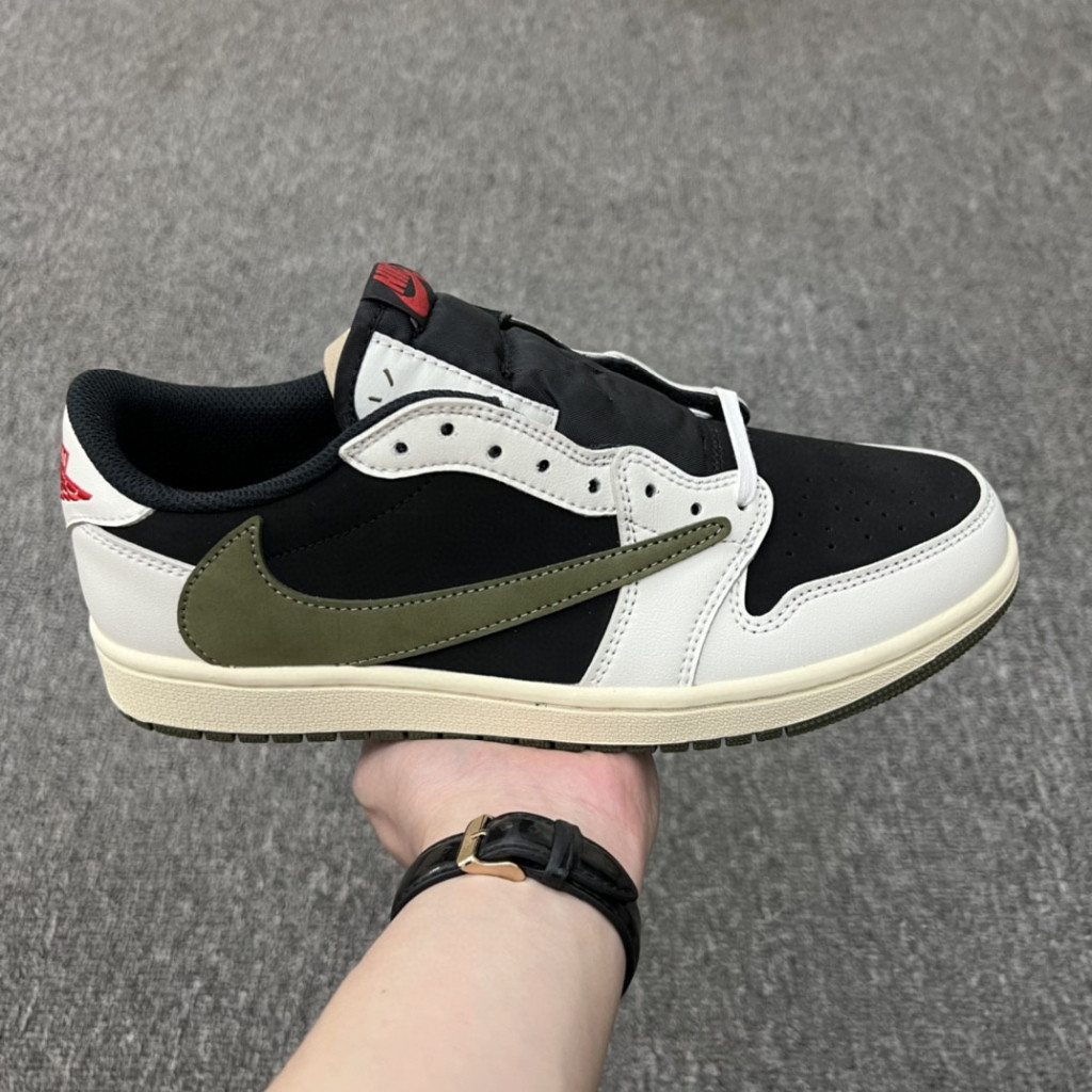 Thiết kế mới Travis Scoff x Air Jordan 1 AJ1 Low "Medium Olive" OFF-WHITE barb 5.0 giày nam giày thể
