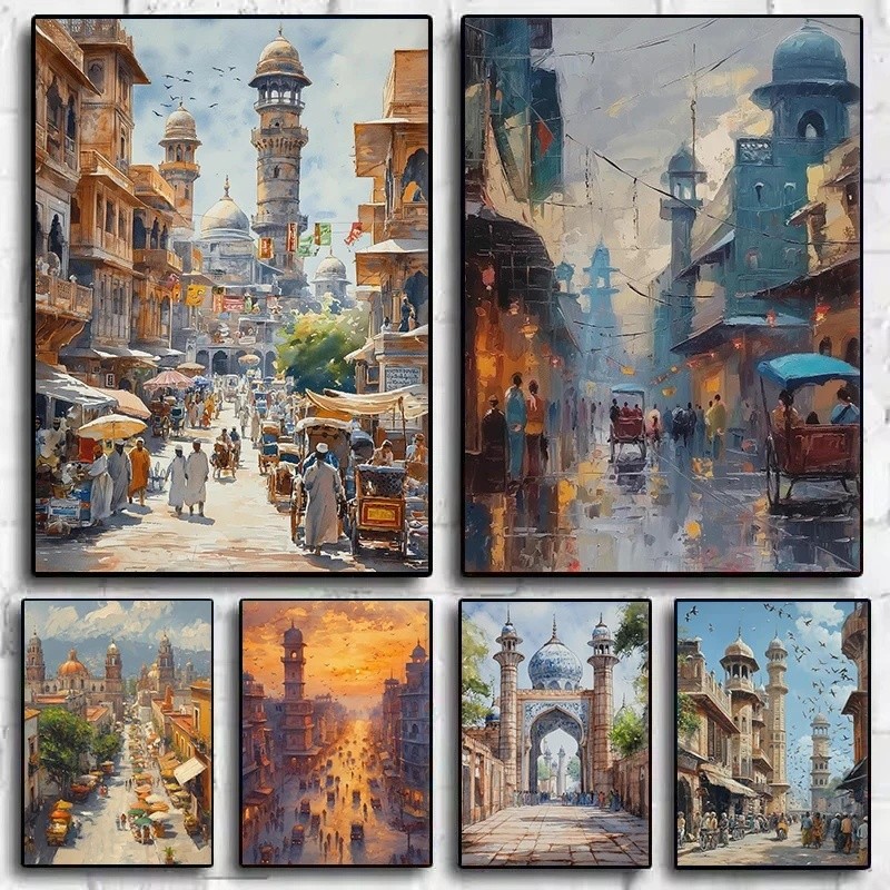PNYW Màu Nước Pakistan Cityscape Karachi Lahore Sống Thành Phố Cũ Thị Trường Du Lịch Poster Canvas T