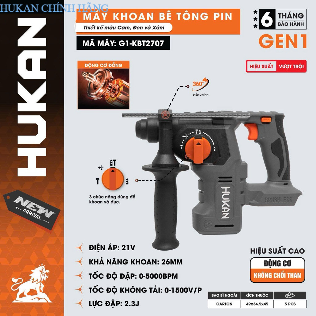 Máy khoan bê tông pin Hukan 2707 Động cơ Brushles HUKAN CHÍNH HÃNG