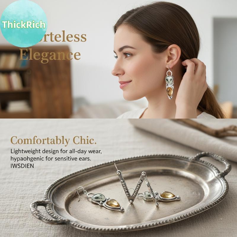 ThickRich Retro Bạc Barn Owl Dangle Bông Tai Màu Vàng Tự Nhiên Citrine Inlay Mặc Hàng Ngày Đảng Cho 