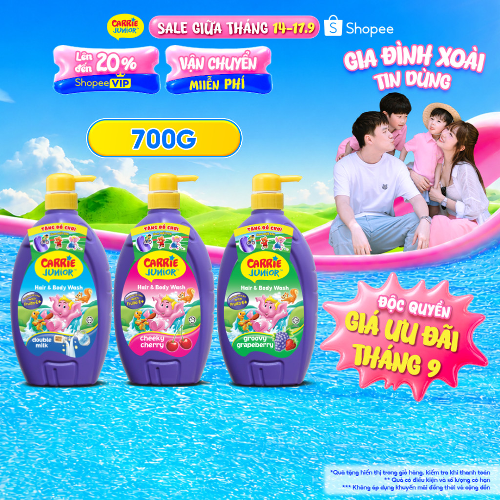 Sữa Tắm Gội thành phần thiên nhiên Sạch Dịu Nhẹ & ẩm mịn Cho Bé Carrie Junior 700g /chai - 3 mùi hươ