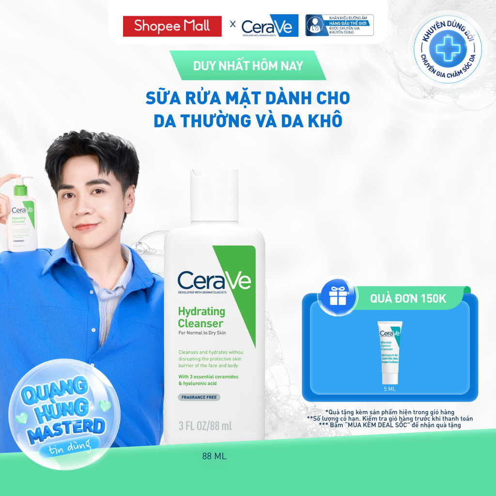 Sữa rửa mặt giúp làm sạch sâu dành cho da thường và da khô Cerave Hydrating Cleanser 88ML