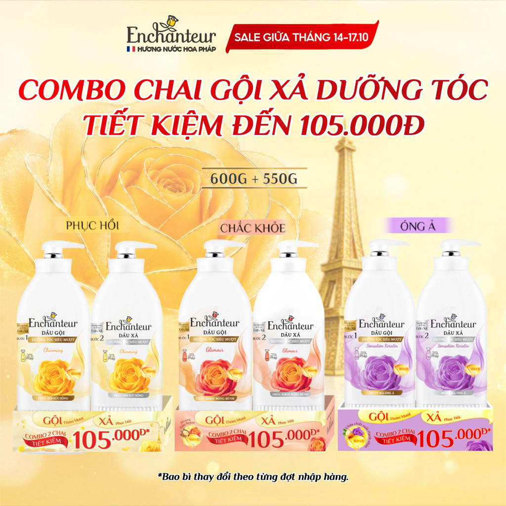 Combo Dầu gội Enchanteur dưỡng tóc mượt thơm lâu 600g và Dầu xả Phục Hồi Sức…