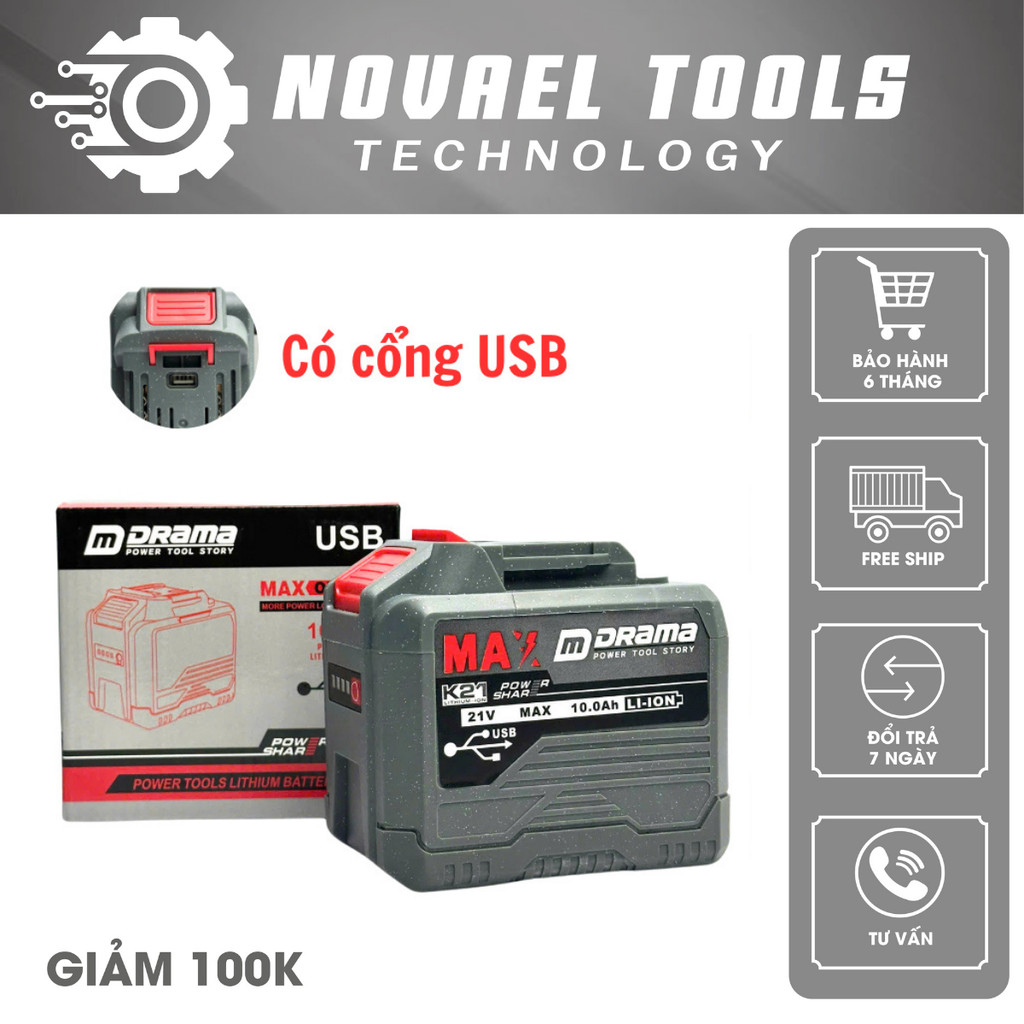 Pin 20 Cell Drama 10Ah Mạch 4 Mosfet Có Cổng Cắm USB - Chân Pin Phổ Thông, Có Đèn Led Báo Pin