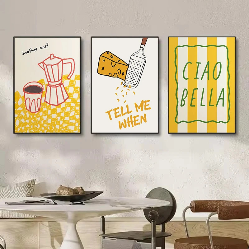 Ciao Bella Nhiều Màu Sắc Ý Cà Phê Chúc Mừng Preppy Nhà Bếp Thực Phẩm Phô Mai Thẩm Mỹ Poster Canvas T
